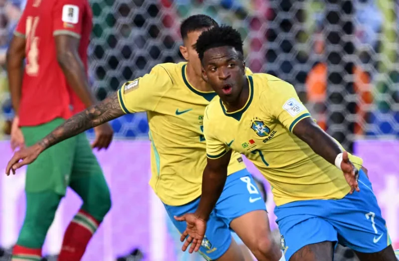Vini Jr comemorando gol contra o marrocos